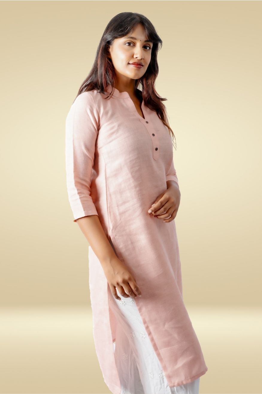 Cotton Kurta with Linen feel - Peach Pink