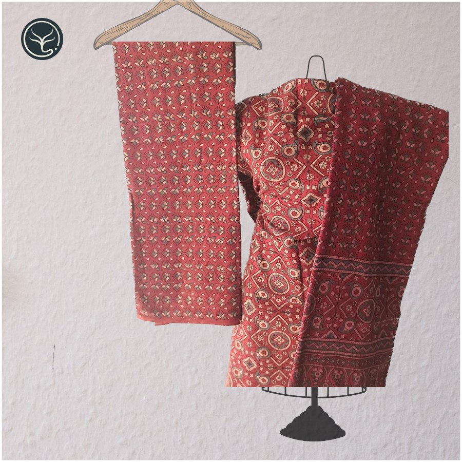 Hand Block Ajrakh print in Cotton - 3 Piece suit set (04)