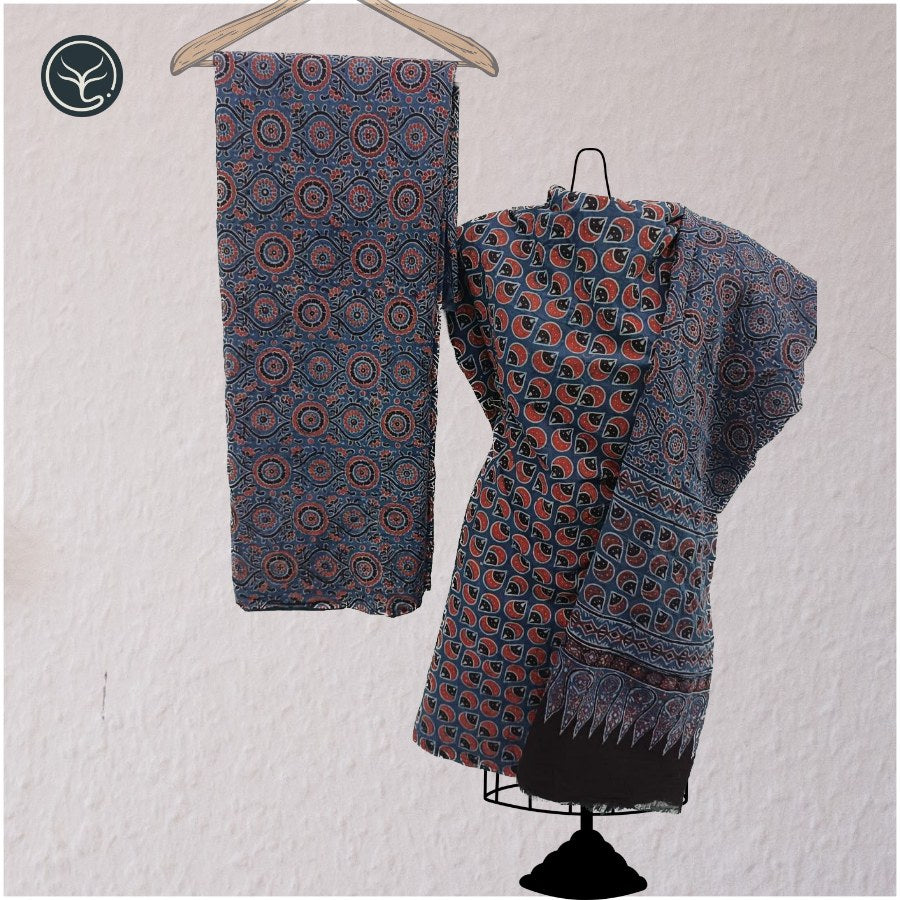 Hand Block Ajrakh print in Cotton - 3 Piece suit set (03)