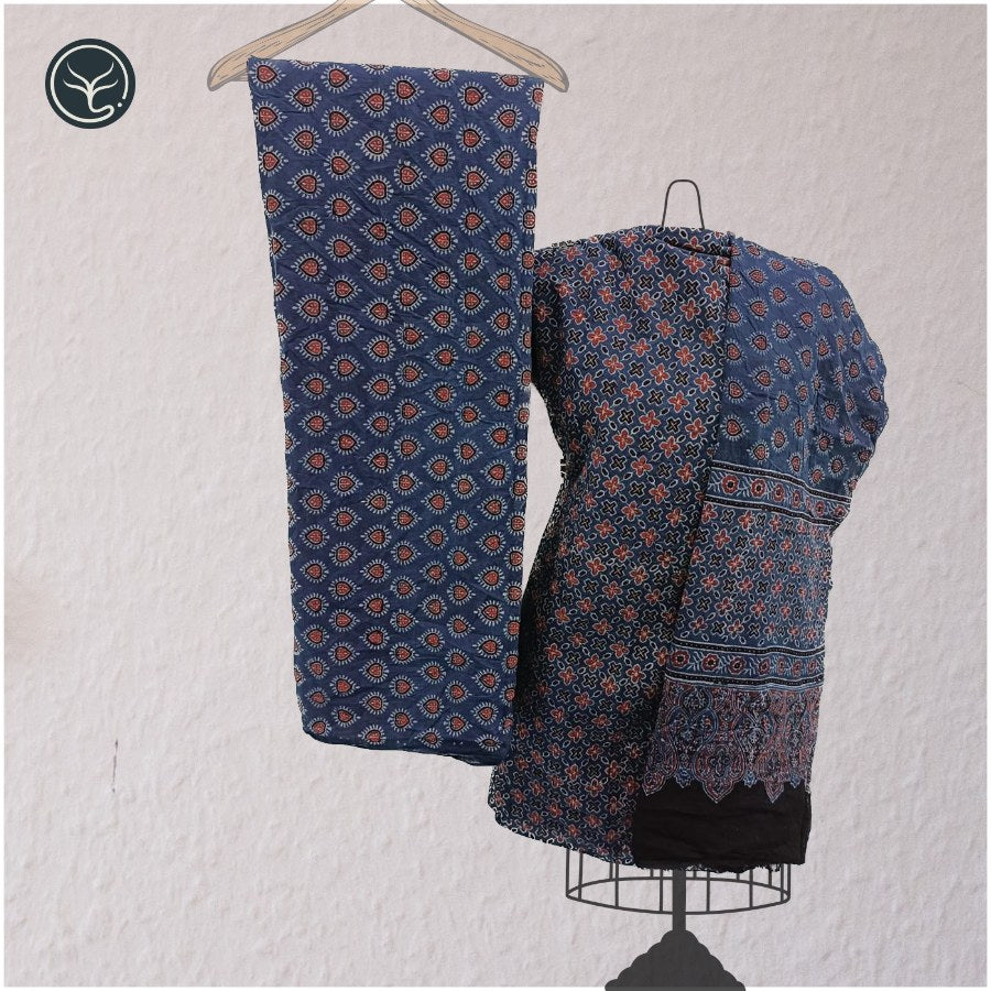 Hand Block Ajrakh print in Cotton - 3 Piece suit set (02)