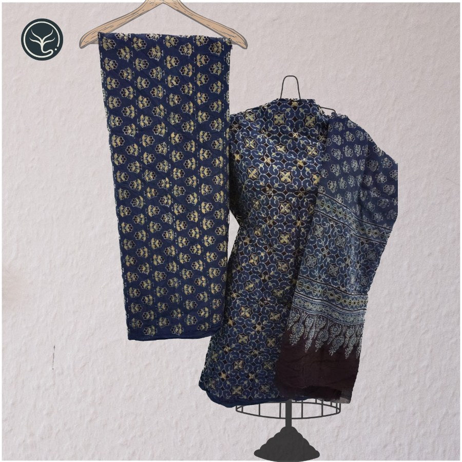 Hand Block Ajrakh print in Cotton - 3 Piece suit set (01)