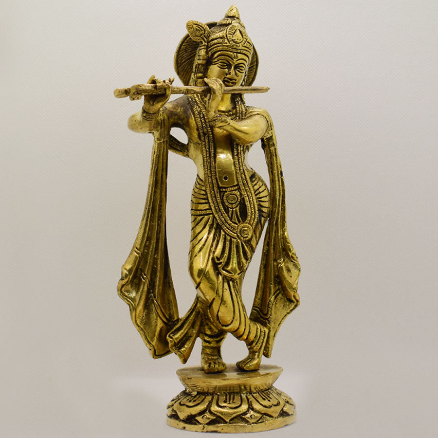 BRASS LORD KRISHNA STANDING ON FLOWER BASE