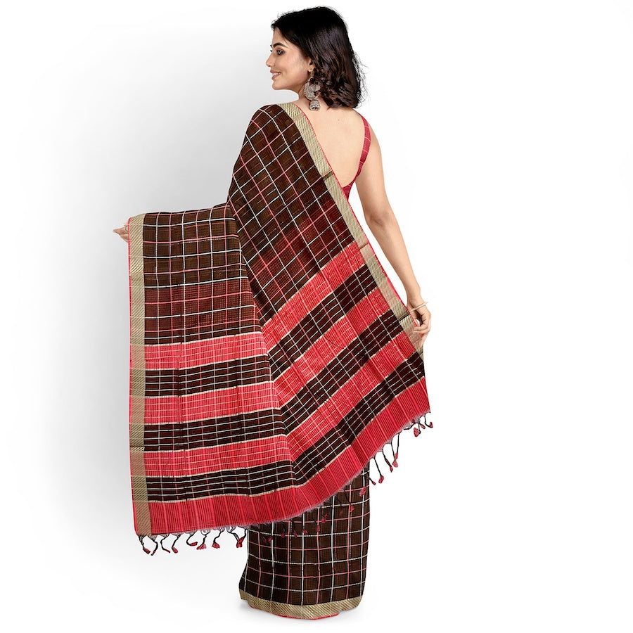 MANGALAGIRI BIG ZARI CHECKS PURE COTTON BROWN WITH RED BORDER SAREE
