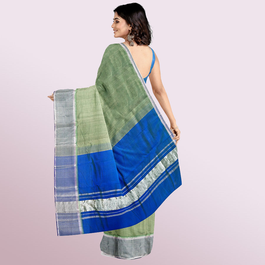 MANGALAGIRI MULBERRY SILK IN LIGHT GREEN AND MARINE BLUE