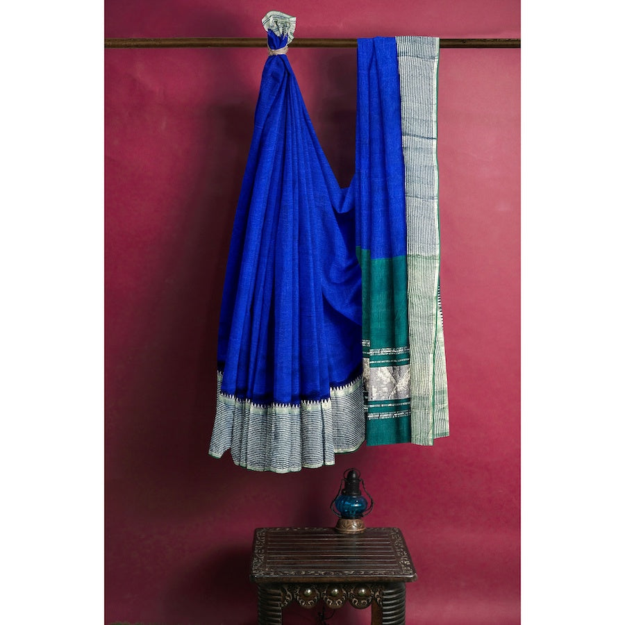MANGALAGIRI MULBERRY SILK IN ROYAL BLUE AND GREEN BRICK DESIGN BORDER