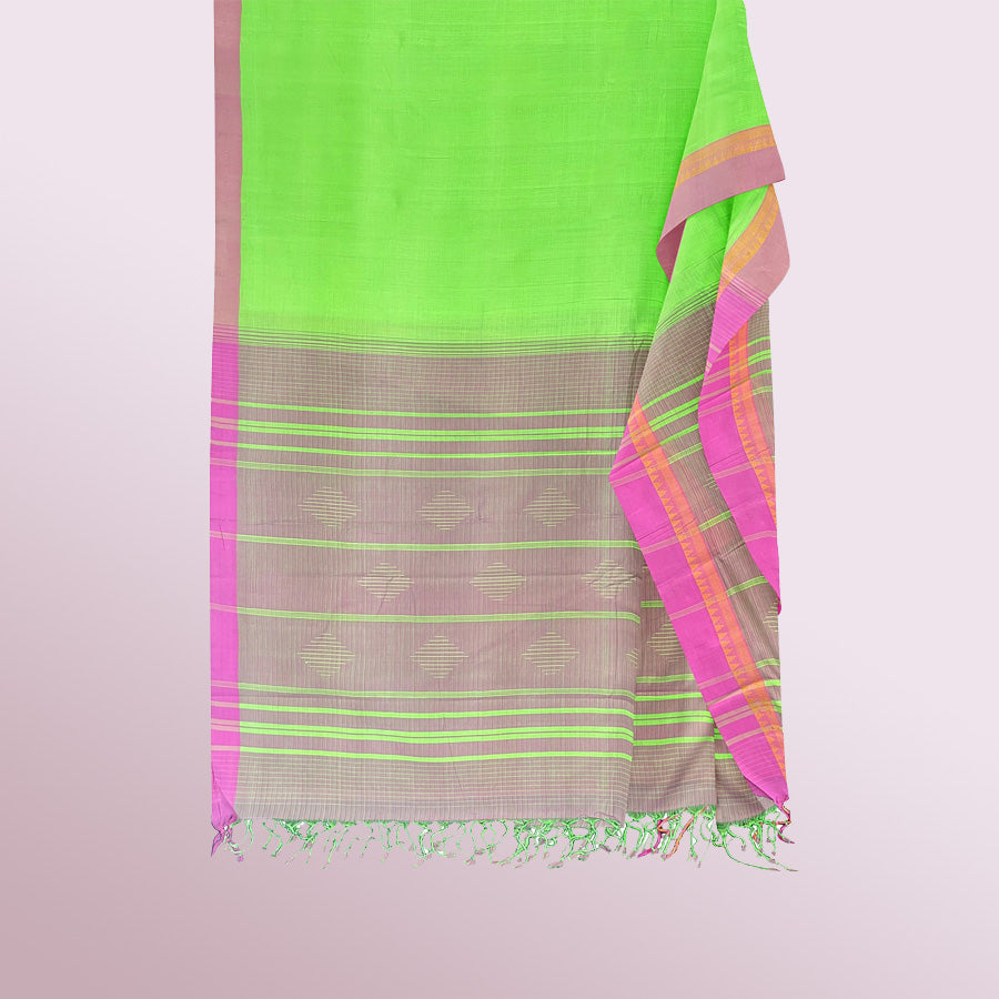 MANGALAGIRI SOFT COTTON HANDWOVEN WITH TEMPLE BORDER IN MAPLE GREEN AND PINK