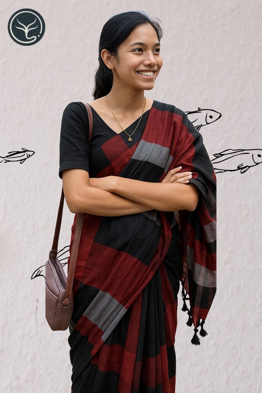 Handwoven Black, Maroon & Grey Cotton Saree with Tassel Pallu