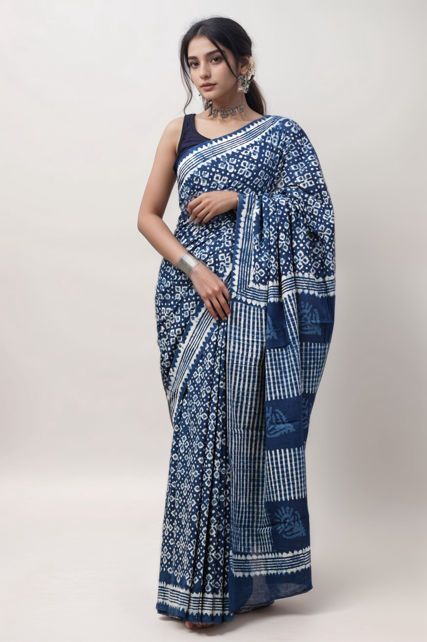 DABU PRINT INDIGO COTTON SAREE
