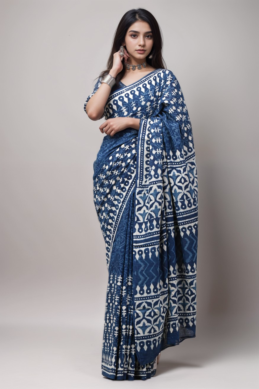 DABU PRINT INDIGO COTTON SAREE
