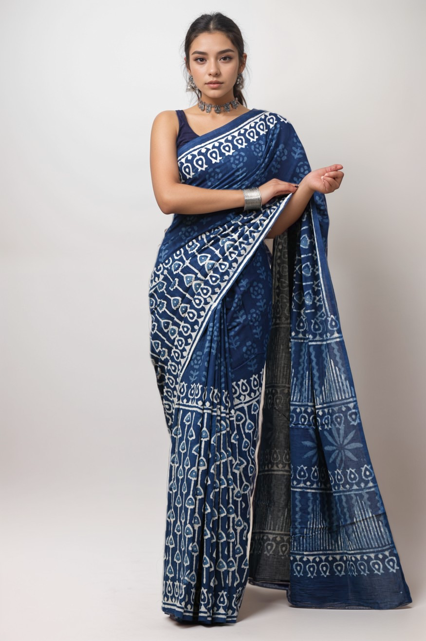 DABU PRINT INDIGO COTTON SAREE