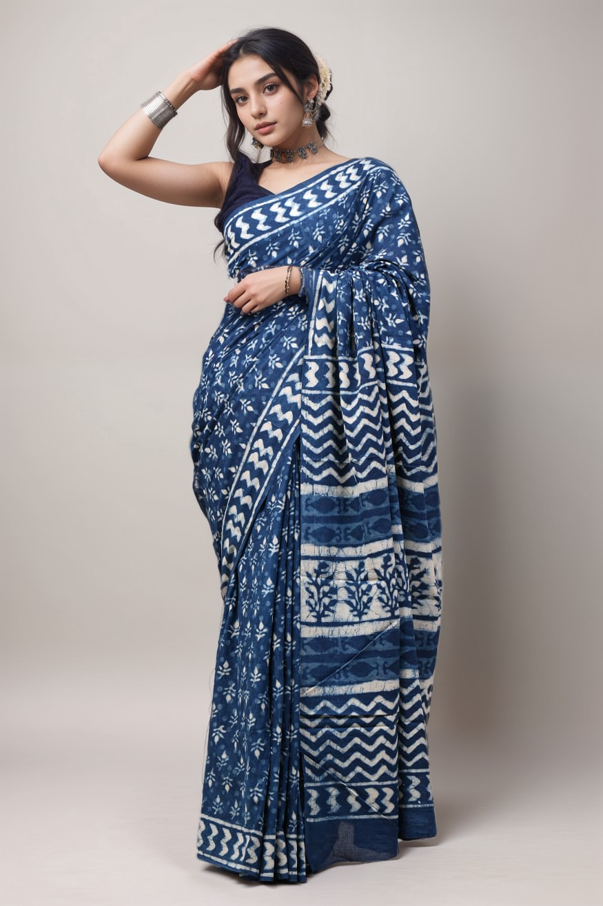 DABU PRINT INDIGO COTTON SAREE