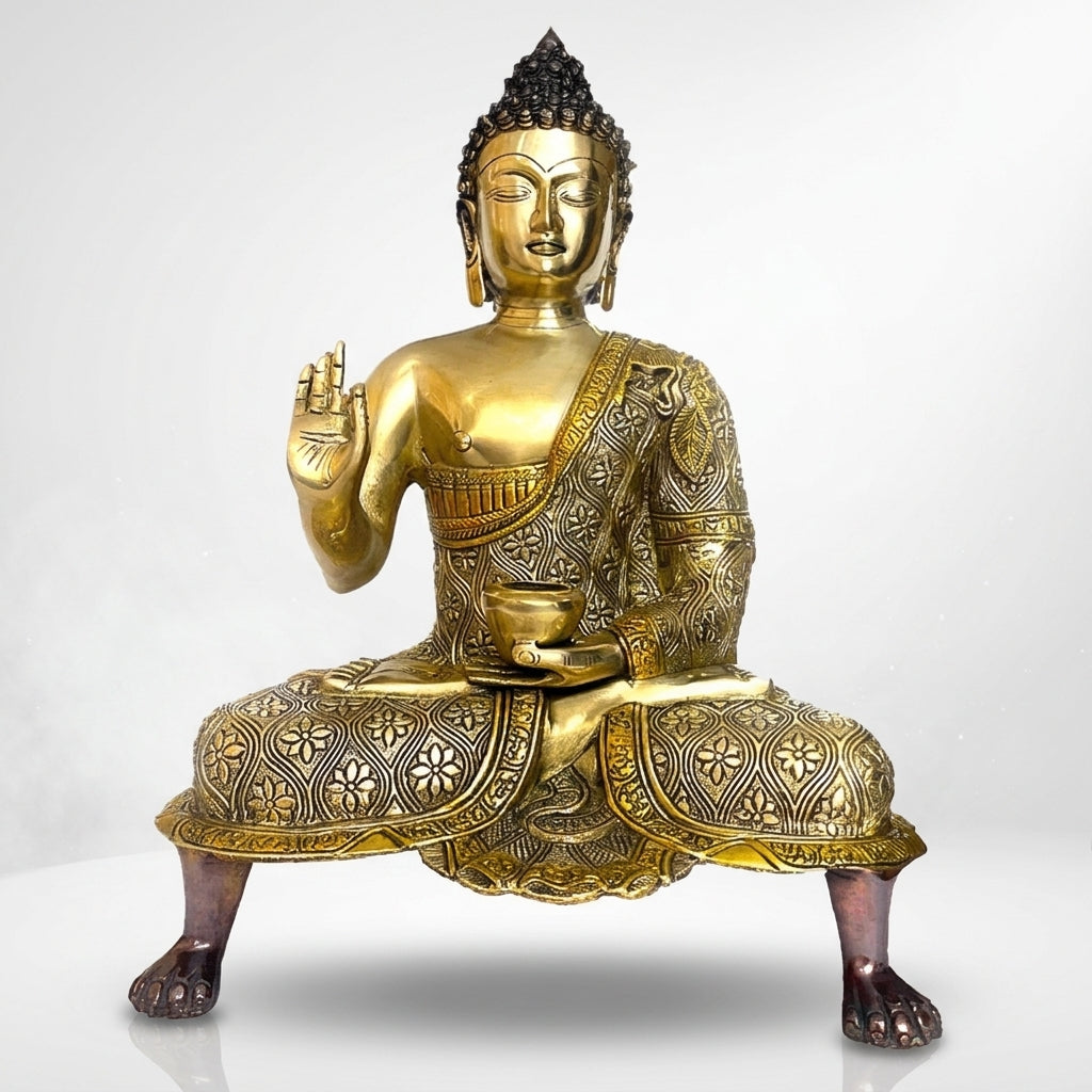 BRASS MEDITATING BUDDHA HOLDING VITARKA MUDRA SEATED ON A PEDASTAL