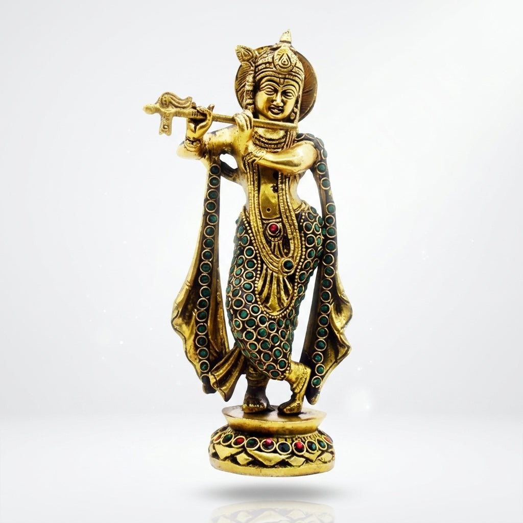 BRASS KRISHNA STANDING WITH STONEWORK (GREEN AND RED)
