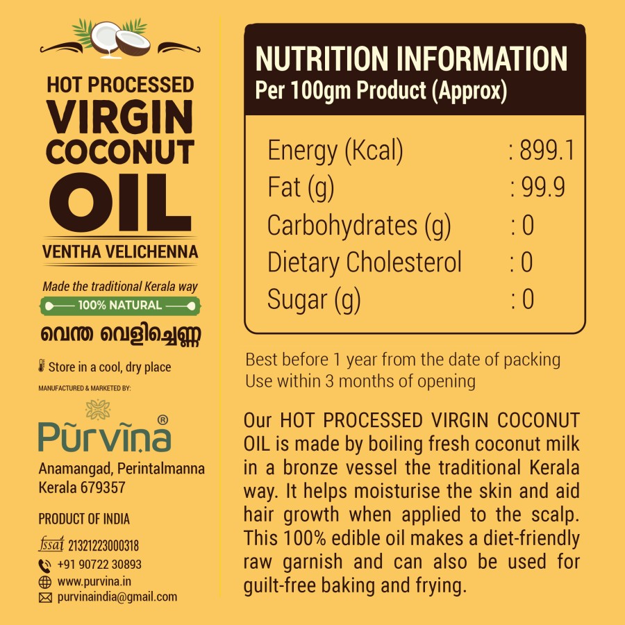 100% PURE & NATURAL HOT-PROCESSED VIRGIN COCONUT OIL (VENTHA VELICHENNA/ URUKKU VELICHENNA)