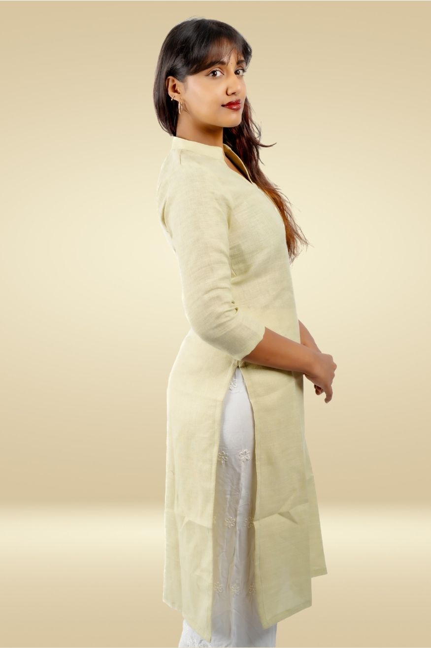 Cotton Kurta with Linen feel - Pastel Yellow