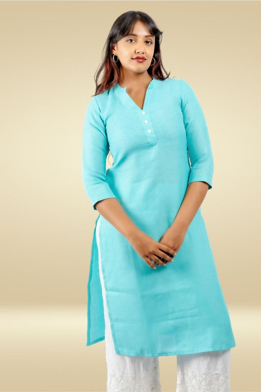Cotton Kurta with Linen feel - Turquoise Blue
