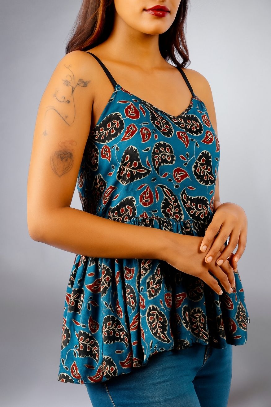 Ajrakh top with back strings - Blue