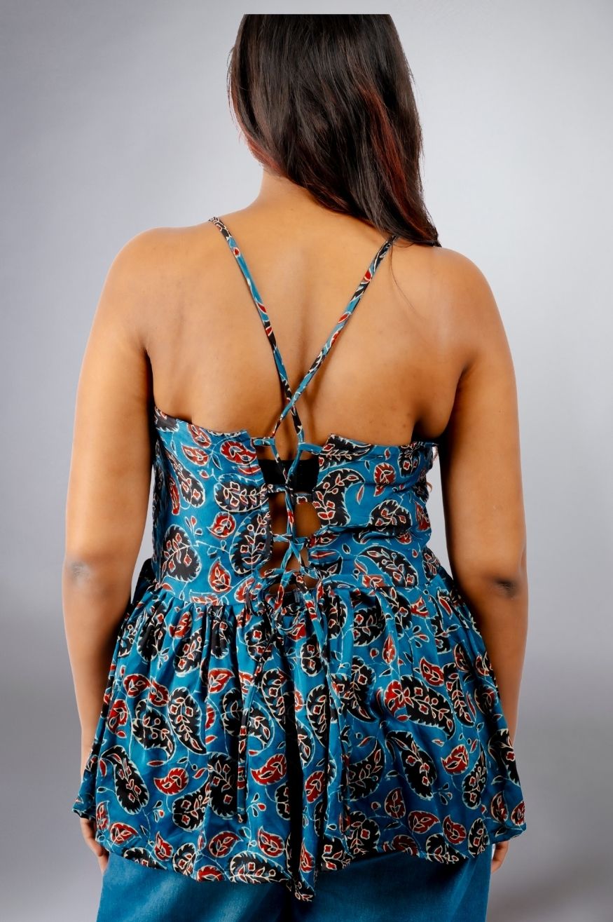 Ajrakh top with back strings - Blue