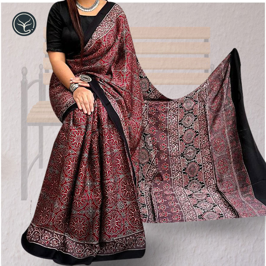 Black - Ajrakh Block Print Modal Silk Brooch Scarf 37