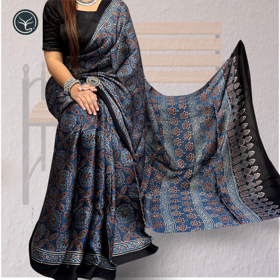 Modal Silk Jacquard Ajrakh Block Printed Dress Material - Navy Maroon Fusion main image 1