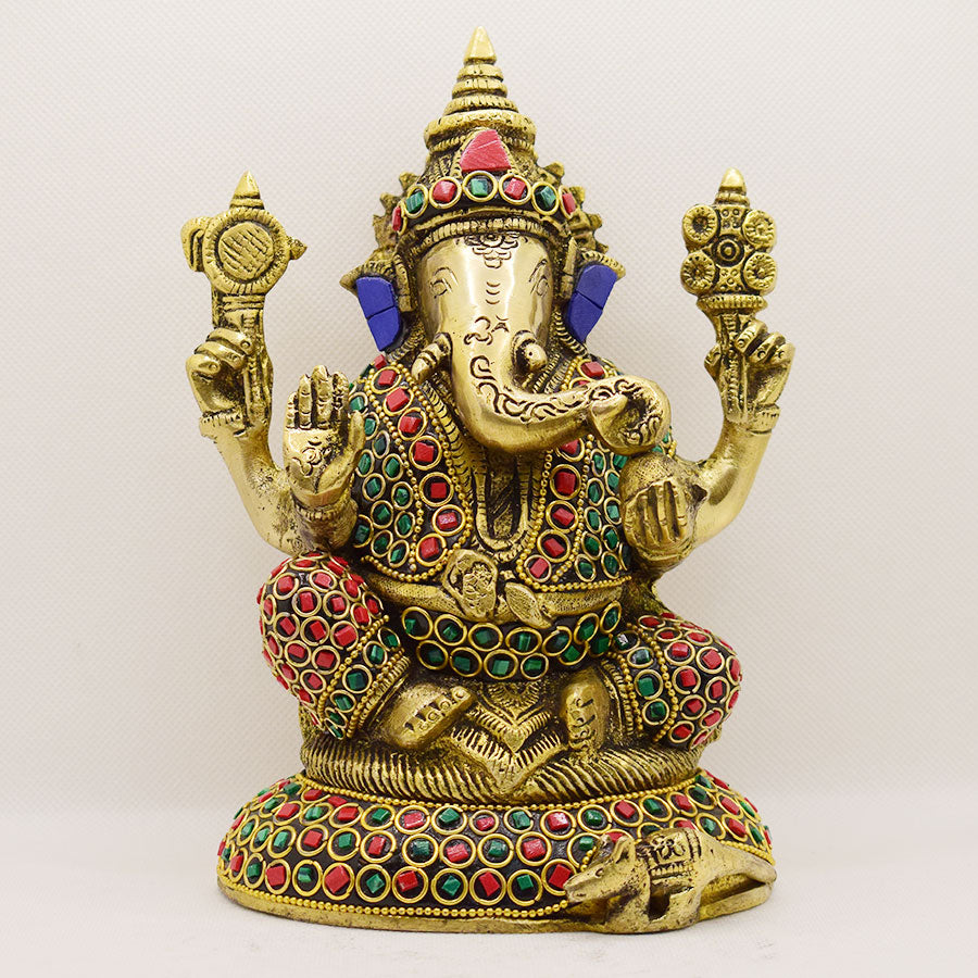 BRASS GANESHA WITH RED, GREEN & BLUE STONE WORK