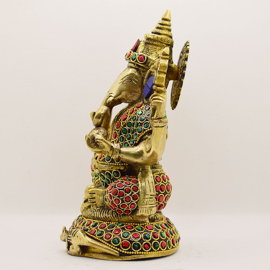 BRASS GANESHA WITH RED, GREEN & BLUE STONE WORK