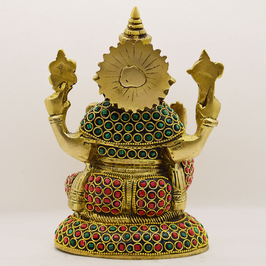 BRASS GANESHA WITH RED, GREEN & BLUE STONE WORK