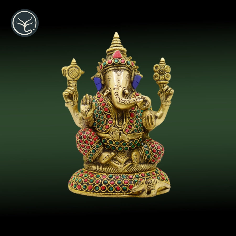 BRASS GANESHA WITH RED, GREEN & BLUE STONE WORK