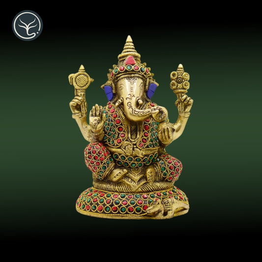 BRASS GANESHA WITH RED, GREEN & BLUE STONE WORK