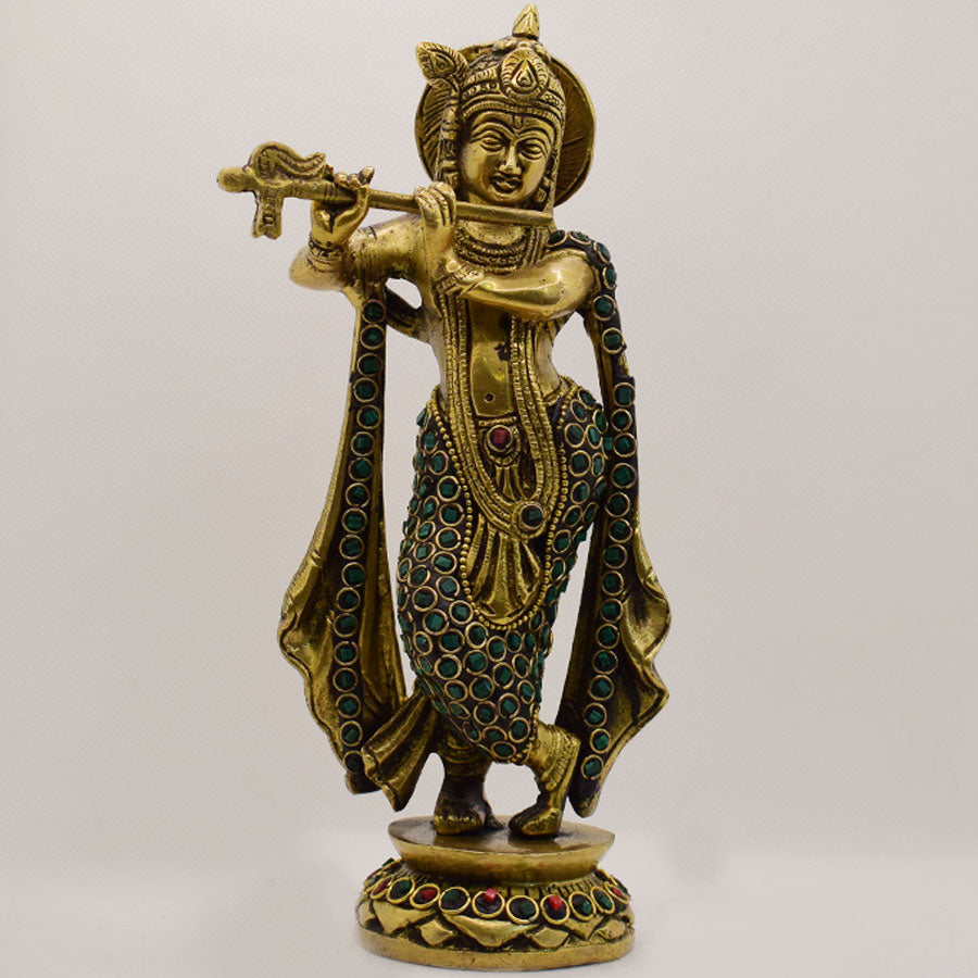 BRASS KRISHNA STANDING WITH STONEWORK (GREEN AND RED)