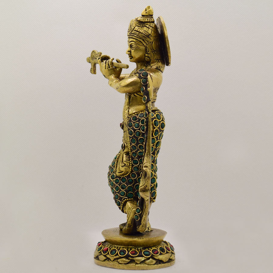 BRASS KRISHNA STANDING WITH STONEWORK (GREEN AND RED)