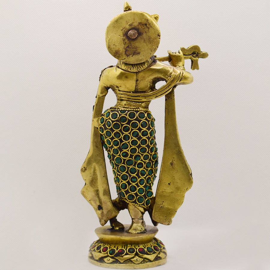 BRASS KRISHNA STANDING WITH STONEWORK (GREEN AND RED)