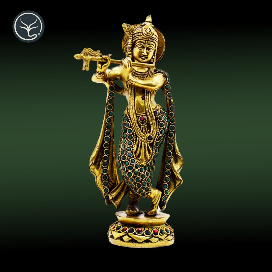 BRASS KRISHNA STANDING WITH STONEWORK (GREEN AND RED)