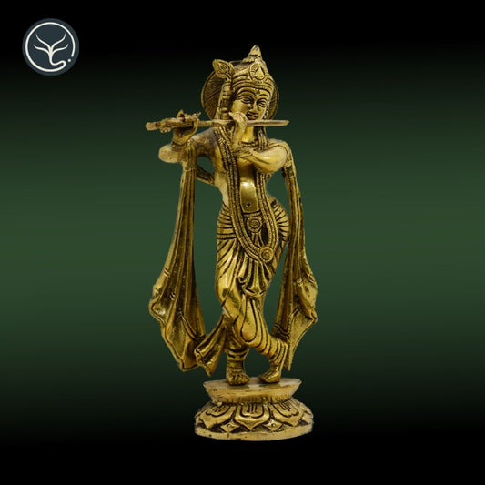 BRASS LORD KRISHNA STANDING ON FLOWER BASE