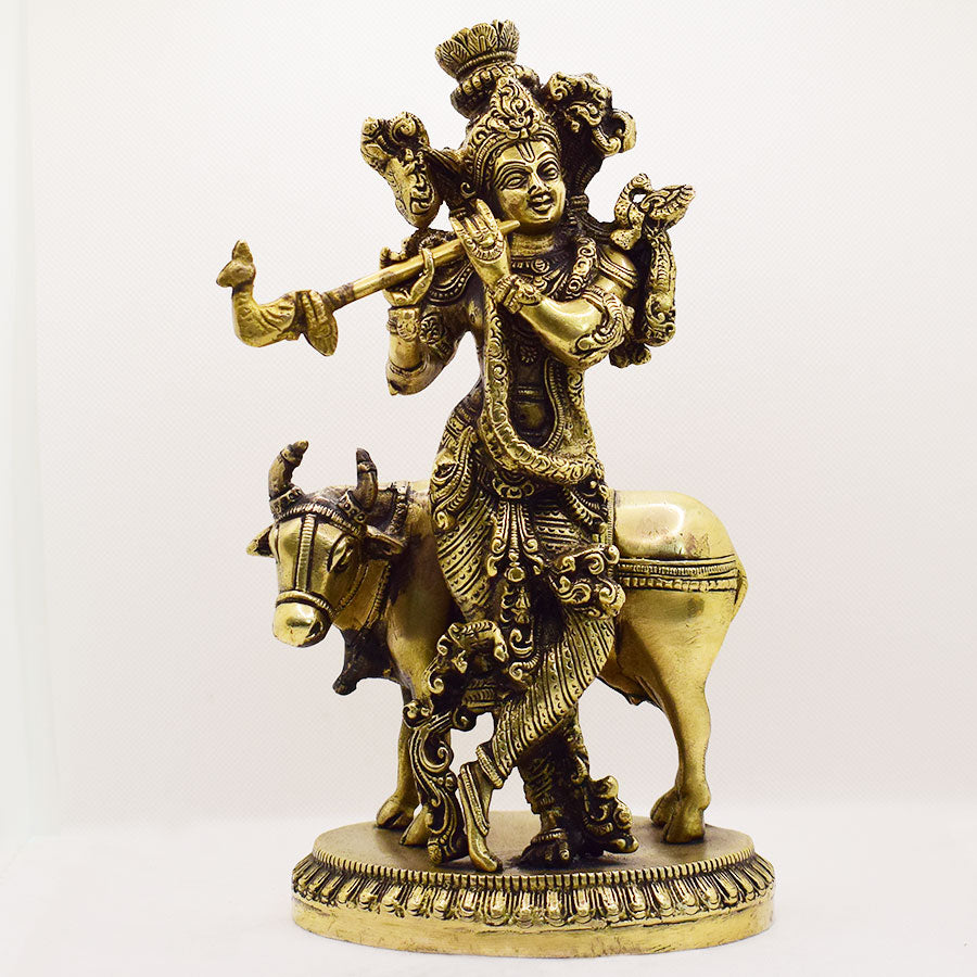 BRASS LORD KRISHNA STANDING WITH COW WITH ANTIQUE FINISH