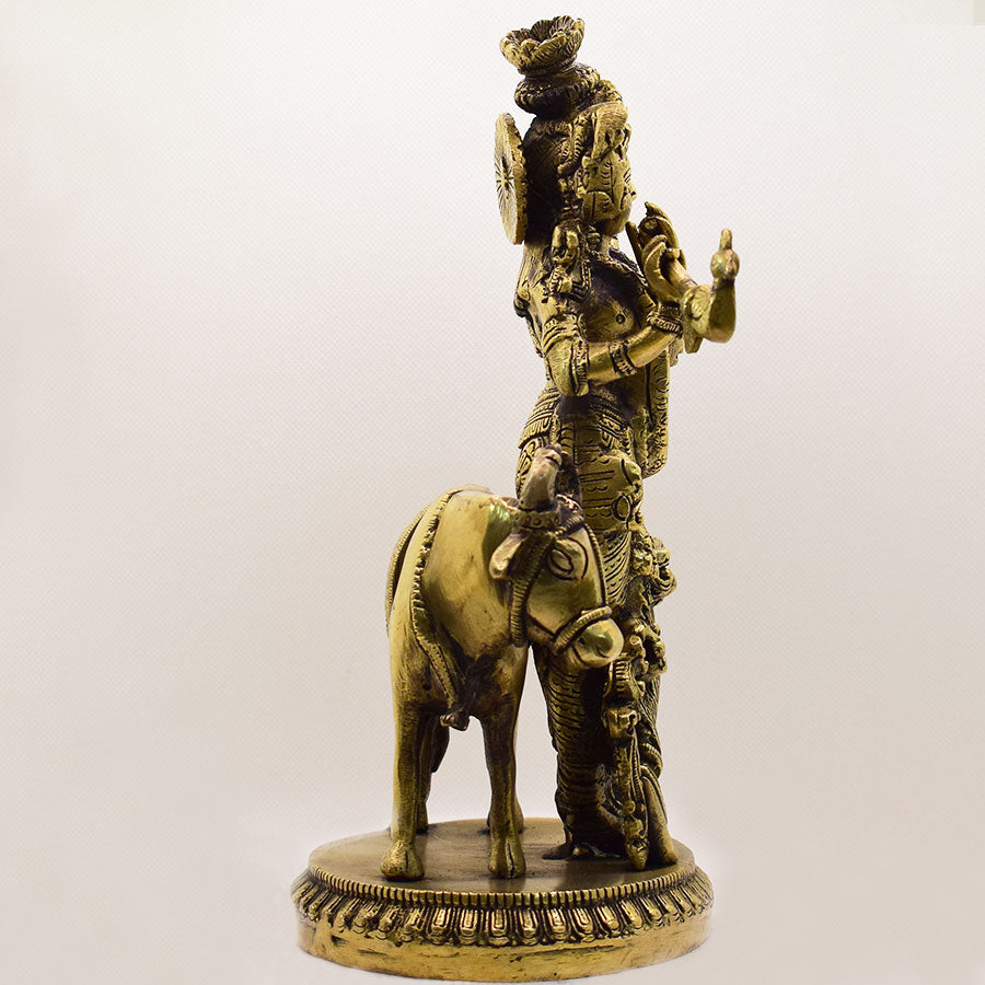 BRASS LORD KRISHNA STANDING WITH COW WITH ANTIQUE FINISH