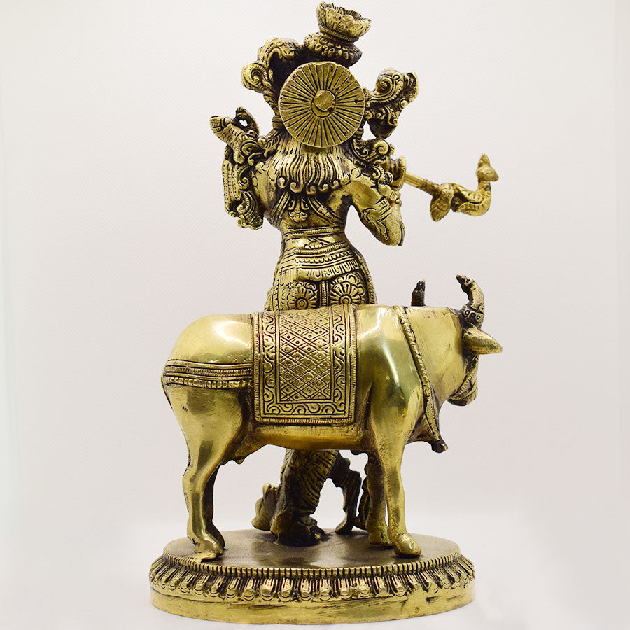 BRASS LORD KRISHNA STANDING WITH COW WITH ANTIQUE FINISH