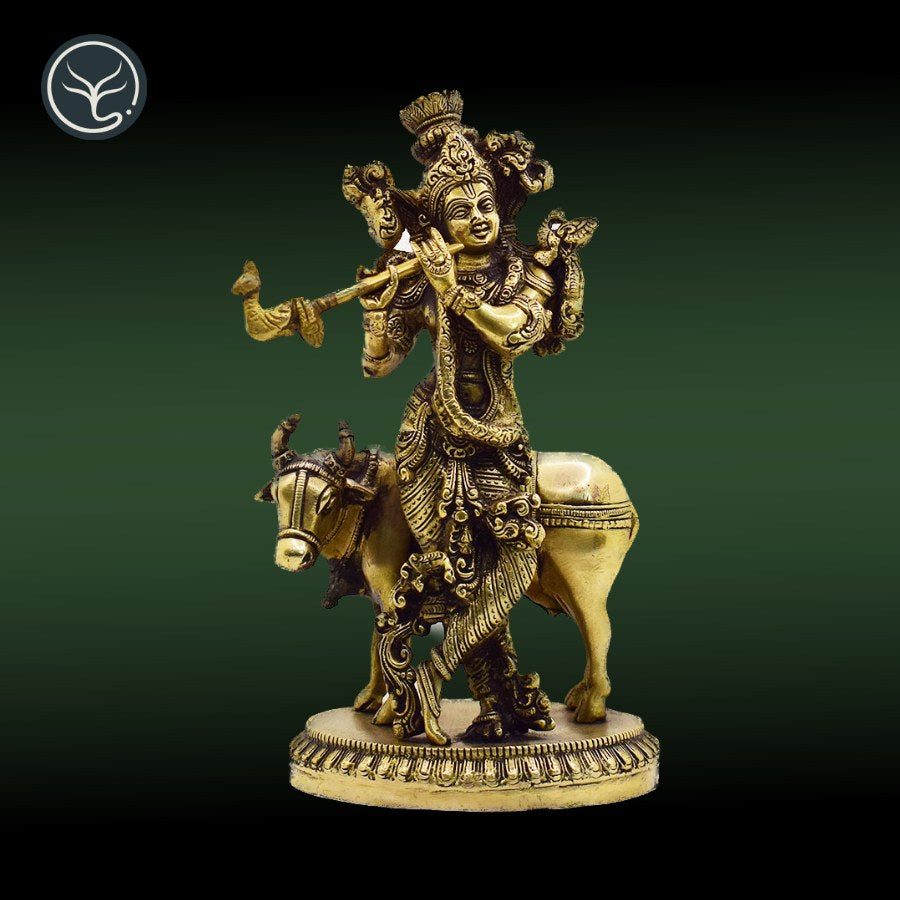 BRASS LORD KRISHNA STANDING WITH COW WITH ANTIQUE FINISH