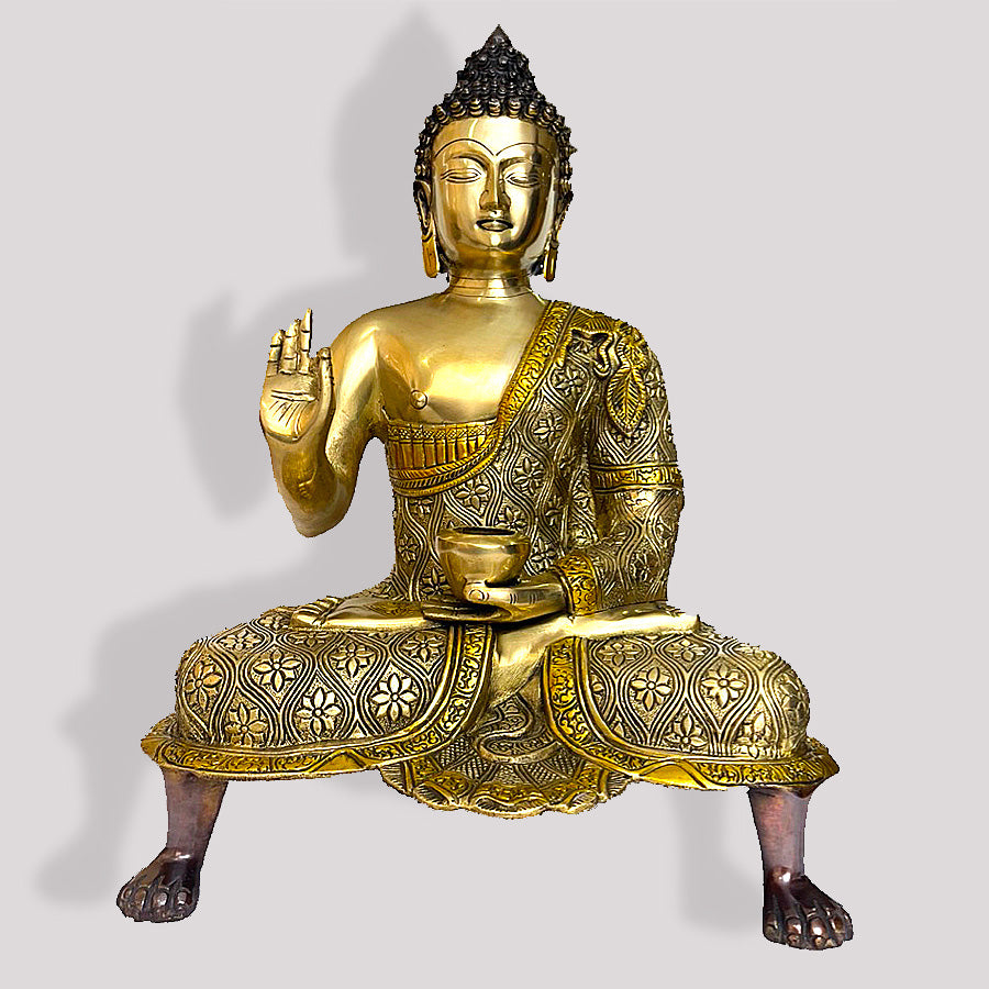 BRASS MEDITATING BUDDHA HOLDING VITARKA MUDRA SEATED ON A PEDASTAL