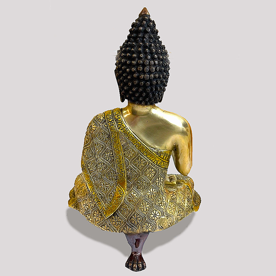 BRASS MEDITATING BUDDHA HOLDING VITARKA MUDRA SEATED ON A PEDASTAL