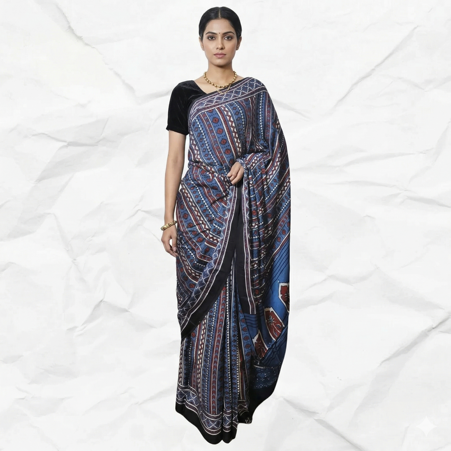 Woman wearing a blue patterned saree on a white background