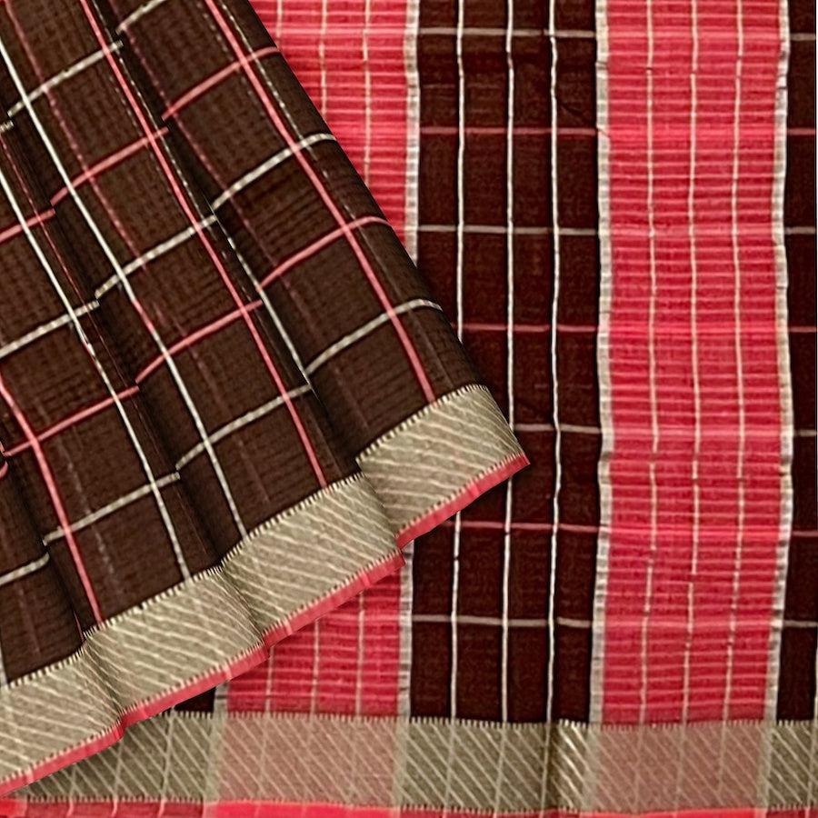 MANGALAGIRI BIG ZARI CHECKS PURE COTTON BROWN WITH RED BORDER SAREE