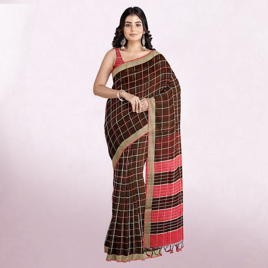 MANGALAGIRI BIG ZARI CHECKS PURE COTTON BROWN WITH RED BORDER SAREE