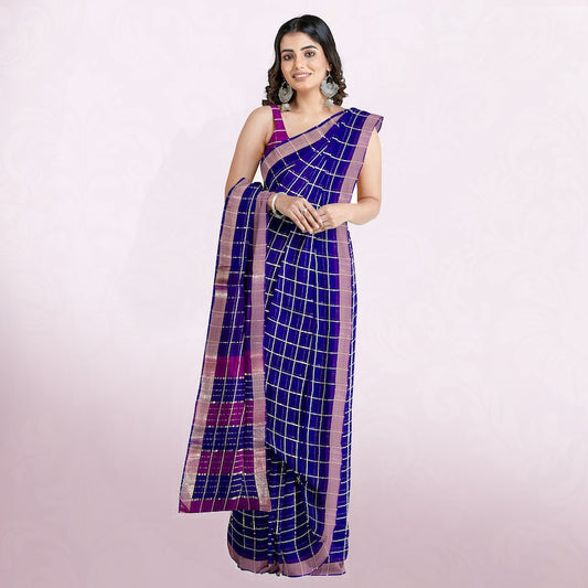 MANGALAGIRI BIG ZARI CHECKS PURE COTTON PURPLE WITH PINK BORDER SAREE