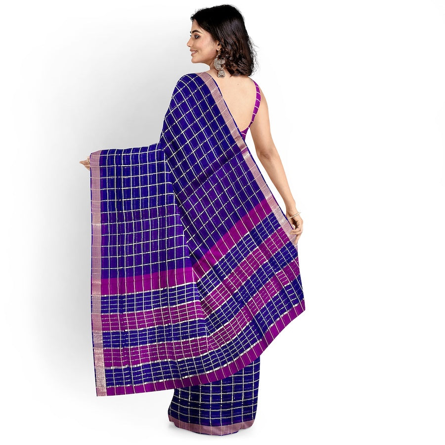 MANGALAGIRI BIG ZARI CHECKS PURE COTTON PURPLE WITH PINK BORDER SAREE