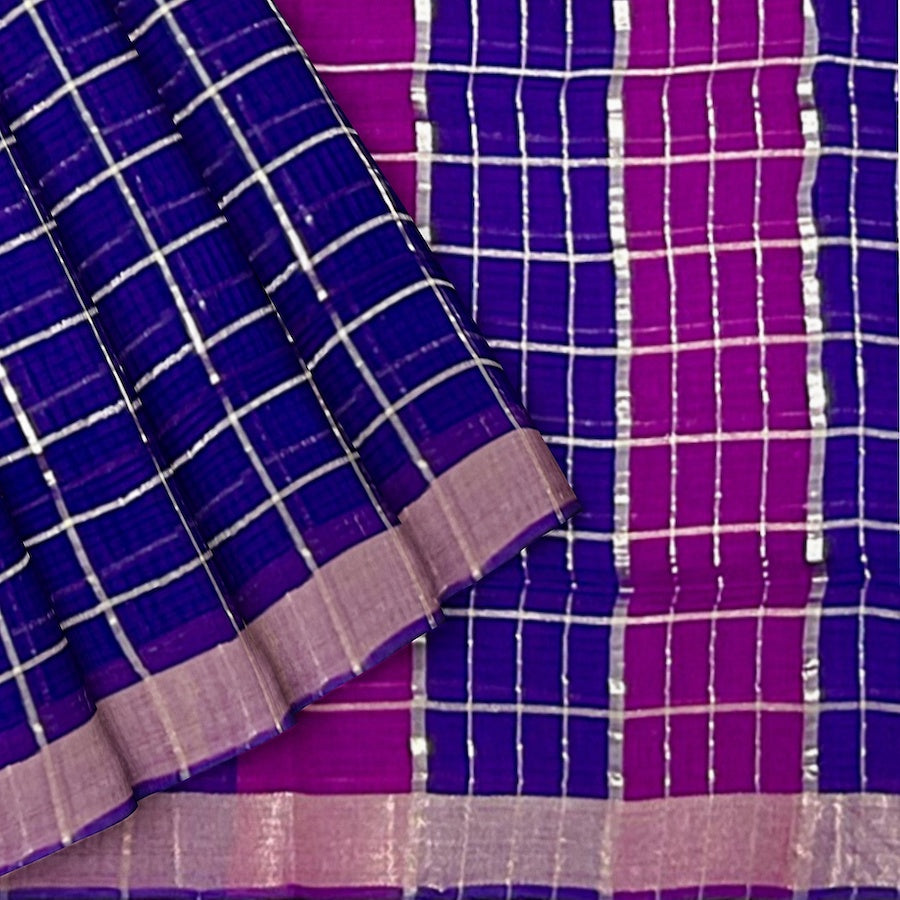 MANGALAGIRI BIG ZARI CHECKS PURE COTTON PURPLE WITH PINK BORDER SAREE