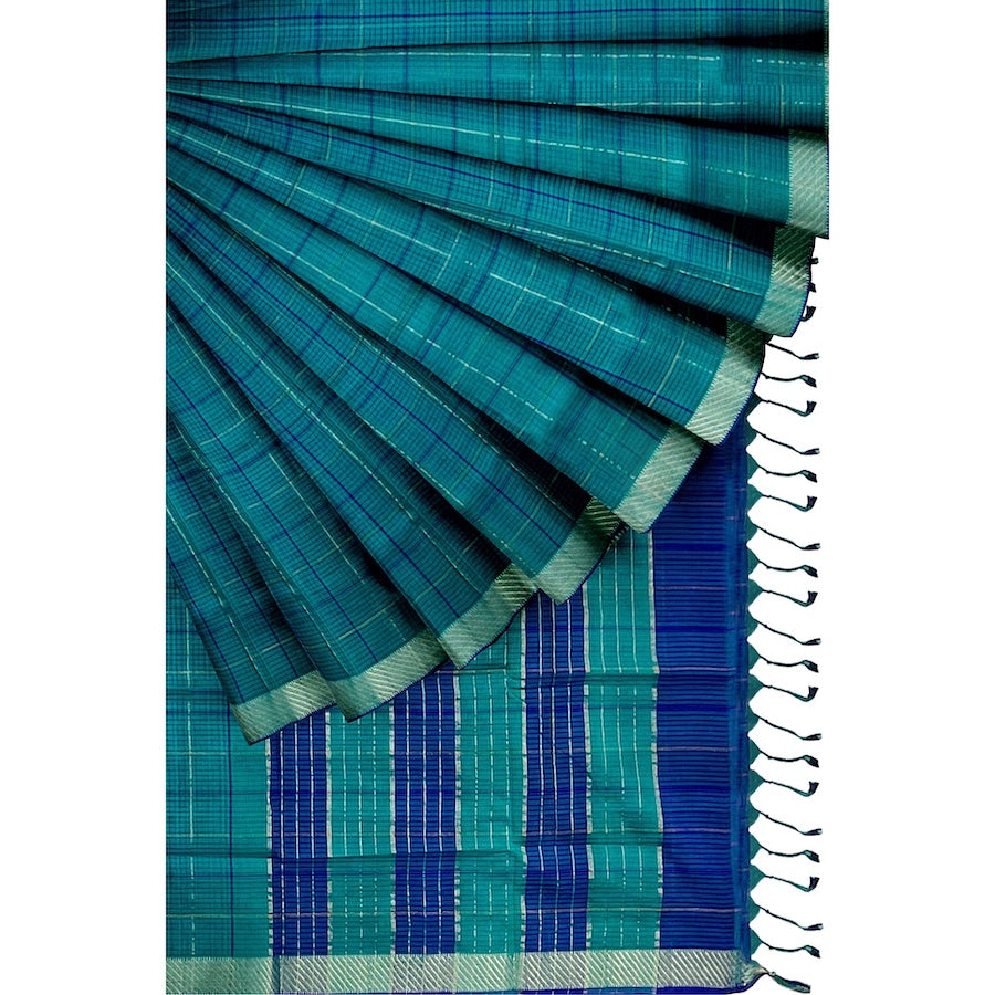 MANGALAGIRI BIG ZARI CHECKS PURE COTTON TURQUOISE BLUE SAREE