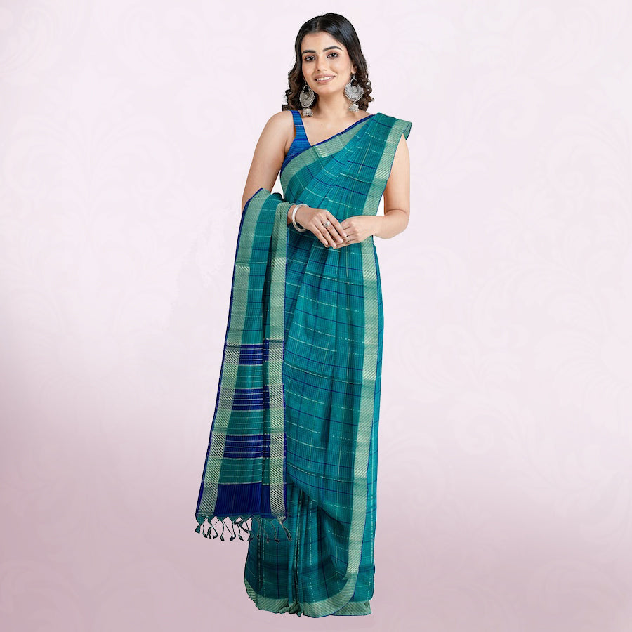 MANGALAGIRI BIG ZARI CHECKS PURE COTTON TURQUOISE BLUE SAREE