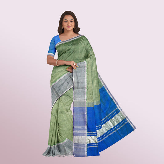 MANGALAGIRI MULBERRY SILK IN LIGHT GREEN AND MARINE BLUE