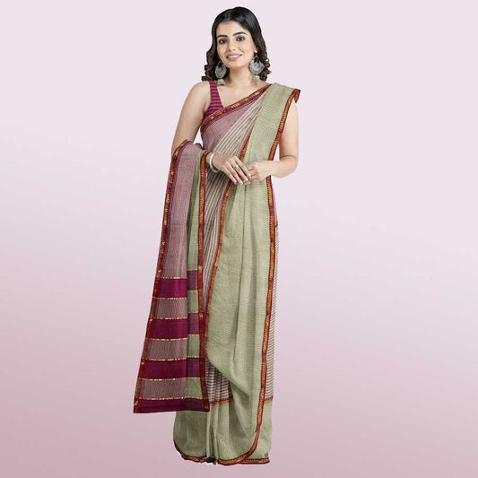 Mangalagiri Olive green with Maroon handwoven pure cotton saree with small zari border